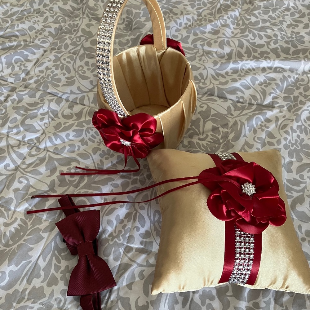 Flower basket, ring pillow, & bow tie